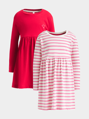 Exact Older Girl's Red & Pink Striped 2-Pack Dresses