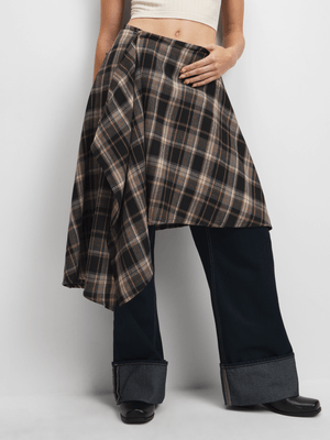 The FIX Women's Brown Check Wrap Midi Skirt