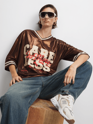 The FIX Women's Brown Wet-Look Oversized Graphic Top