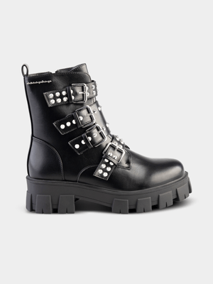 Women's Sissy Boy Black Multi buckled with Studs Boots