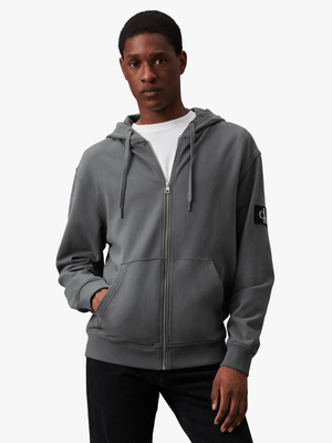 Men's Calvin Klein Grey Badge Zip Through Hoodie