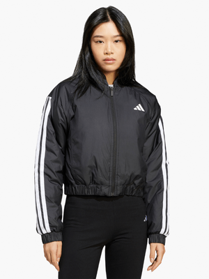 adidas Womens Essential 3-Stripes Insulated Black Crop Bomber Jacket