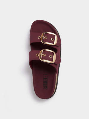 The FIX Women's Burgundy PU Buckle Double Strap Sandal