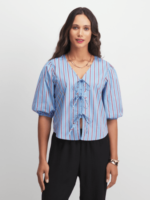 Exact Women's Blue Striped Tie Front Blouse