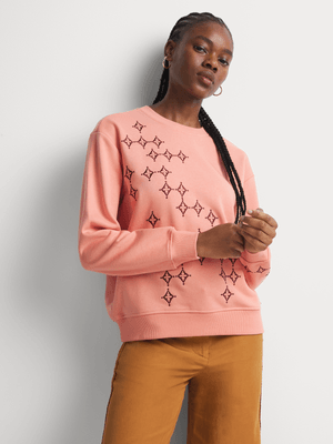 Women's Scotch & Soda Pink Embroidered Relaxed Fit Sweater