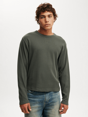 Men's Cotton On Green Cropped Fit Textured Long Sleeve T-shirt