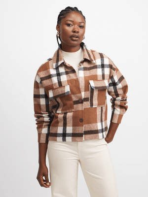 Jet Women's Brown Check Cropped Shacket
