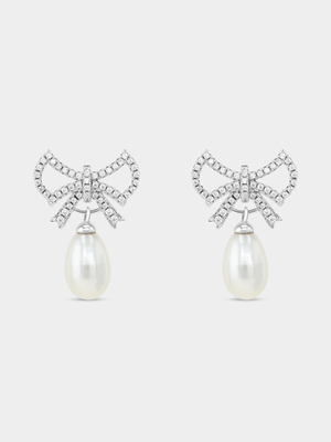 Sterling Silver Freshwater Pearl & Cubic Zirconia Bow Drop Earrings