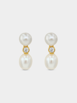 Gold Plated Sterling Silver Freshwater Pearl & Cubic Zirconia Drop Earrings
