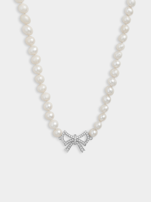 Sterling Silver Freshwater Pearl & Cubic Zirconia Bow Necklace
