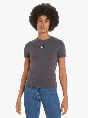 Women's Calvin Klein Black Washed Woven Label Rib T-shirt