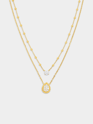 Gold Plated Sterling Silver Cubic Zirconia Solitaire & Pear Layered Necklace