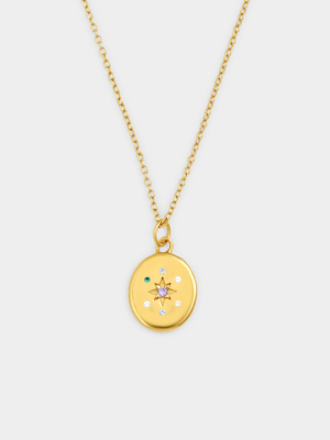 Gold Plated Sterling Silver Rainbow Cubic Zirconia North Star Oval Pendant