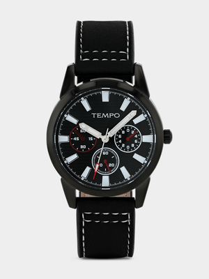 Tempo Black Plated Black Dial Black Leather Watch