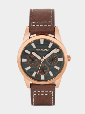 Tempo Rose Plated Grey Dial Brown Leather Watch
