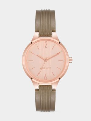 Nine West Women's Rose Gold Plated & Brown Round Vegan Leather Watch