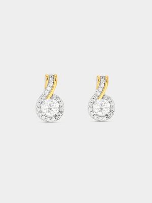 Gold Plated Sterling Silver Cubic Zirconia Two-Tone Round Halo Stud Earrings