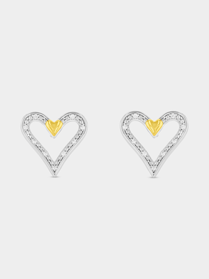 Gold Plated Sterling Silver Cubic Zirconia Two-Tone Dual Heart Stud Earrings