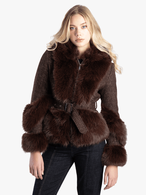 Women's Sissy Boy Brown Belted With Faux Fur Jacket