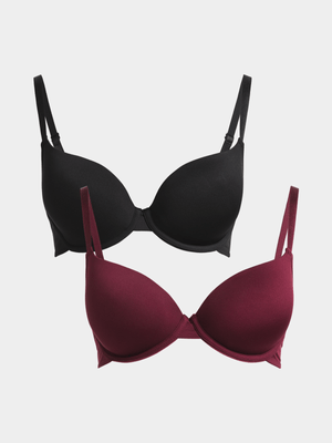Jet Women's Black/Burgundy 2 Pack T-Shirt Bra