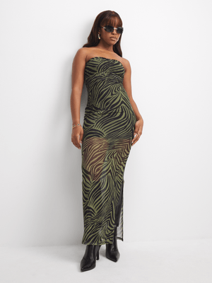 The FIX Women's Green & Black Zebra Print Mesh Midaxi Dress