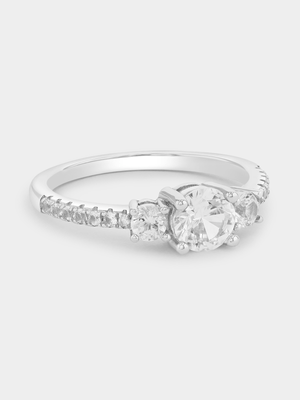 Sterling Silver White Sapphire Trilogy Pavé Ring