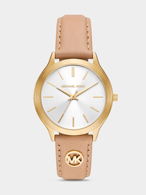 Michael Kors Slim Runway Gold Plated Stainless Steel Nude Leather Watch