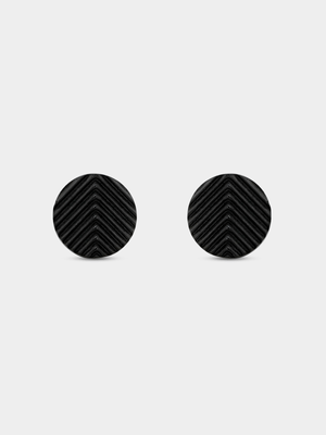 Black Plated Stainless Steel Chevron Round Stud Earrings