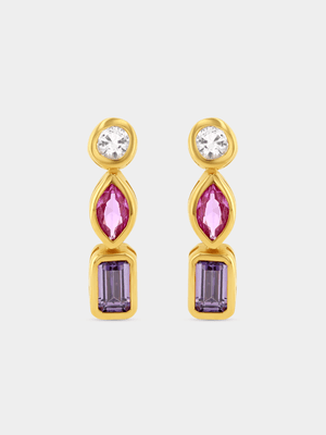 Gold Plated Sterling Silver Rainbow Cubic Zirconia Bezel Drop Earrings