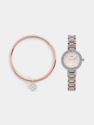 MX Rose Plated Blush Dial Two-Tone Bracelet Watch & Clover Bangle Set