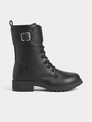 Exact Women's Black Buckle Military Boots