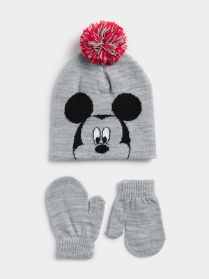 Jet Infant Boys Grey Mickey Mouse Beanie & Mitten Set