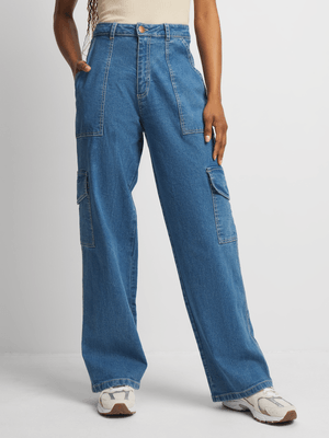 Exact Women's Mid Wash Wide-Leg Utility Jeans