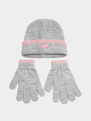 Girl's Grey Glove & Beanie Set