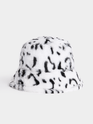 The FIX Unisex White & Black Animal Fur Bucket Hat