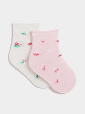 Jet Infant Girls Cream/Pink 2 Pack Floral Socks