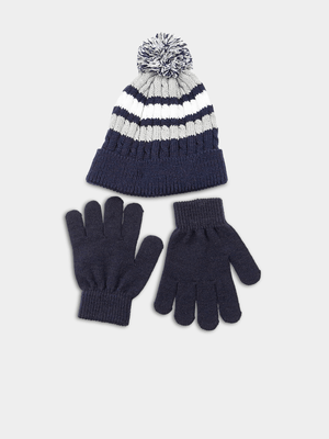 Boy's Navy Striped Beanie & Glove Set
