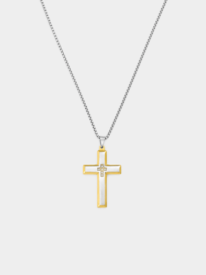 Gold Plated Stainless Steel Cubic Zirconia Two-Tone Cross Pendant