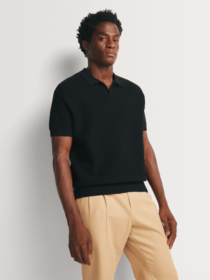 Fabiani Men's Black Textured Notch Neck Polo