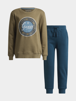 Younger Boy Guess Green Set Long Sleeve Active Top & Pants