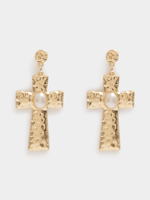 The FIX Women's Gold Battered Pearl Cross  Earrings