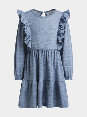 Jet Younger Girls Blue Textured Frill Dress