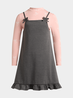 Exact Younger Girl's Charcoal & Pink Bow Pinafore & T-Shirt Set