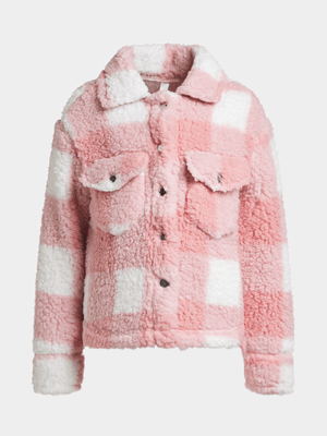 Exact Older Girl's Pink & White Check Teddy Shacket