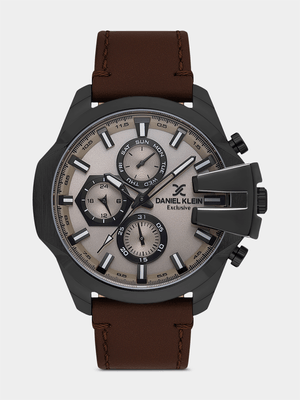 Daniel Klein Black Plated Grey & Brown Dial Chronographic Black Leather Watch