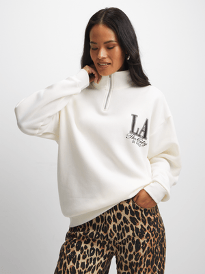 Exact Women's White Quarter Zip Graphic Sweat Top
