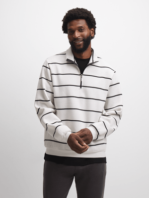 Exact Men's White & Black Striped  Quarter Zip Sweat Top