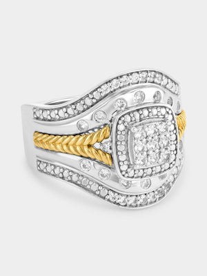Yellow Gold & Sterling Silver White Sapphire Cushion Rope Ring