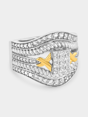 Yellow Gold & Sterling Silver White Sapphire Rectangle Rope Ring