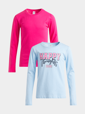 Jet Older Girls Pink/Blue Happy Thoughts 2 Pack T-Shirt